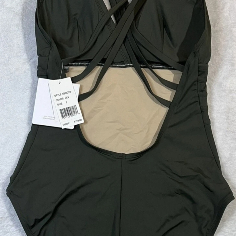 La Blanca Size 10 Olive UW Surplice Strappy Back One Piece Maillot Swimsuit NWT - Picture 3 of 7